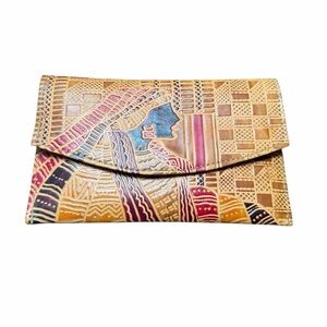 Moroccan Vintage Tooled Leather Colorful African Patterned Clutch Wallet